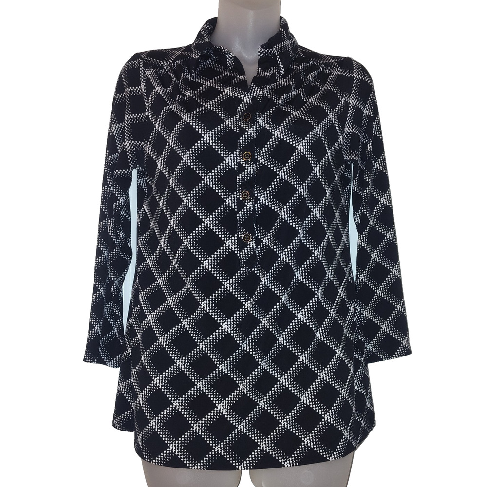 Charter Club Women’s Black Geometric Pattern Long Sleeve Top Size S BG15